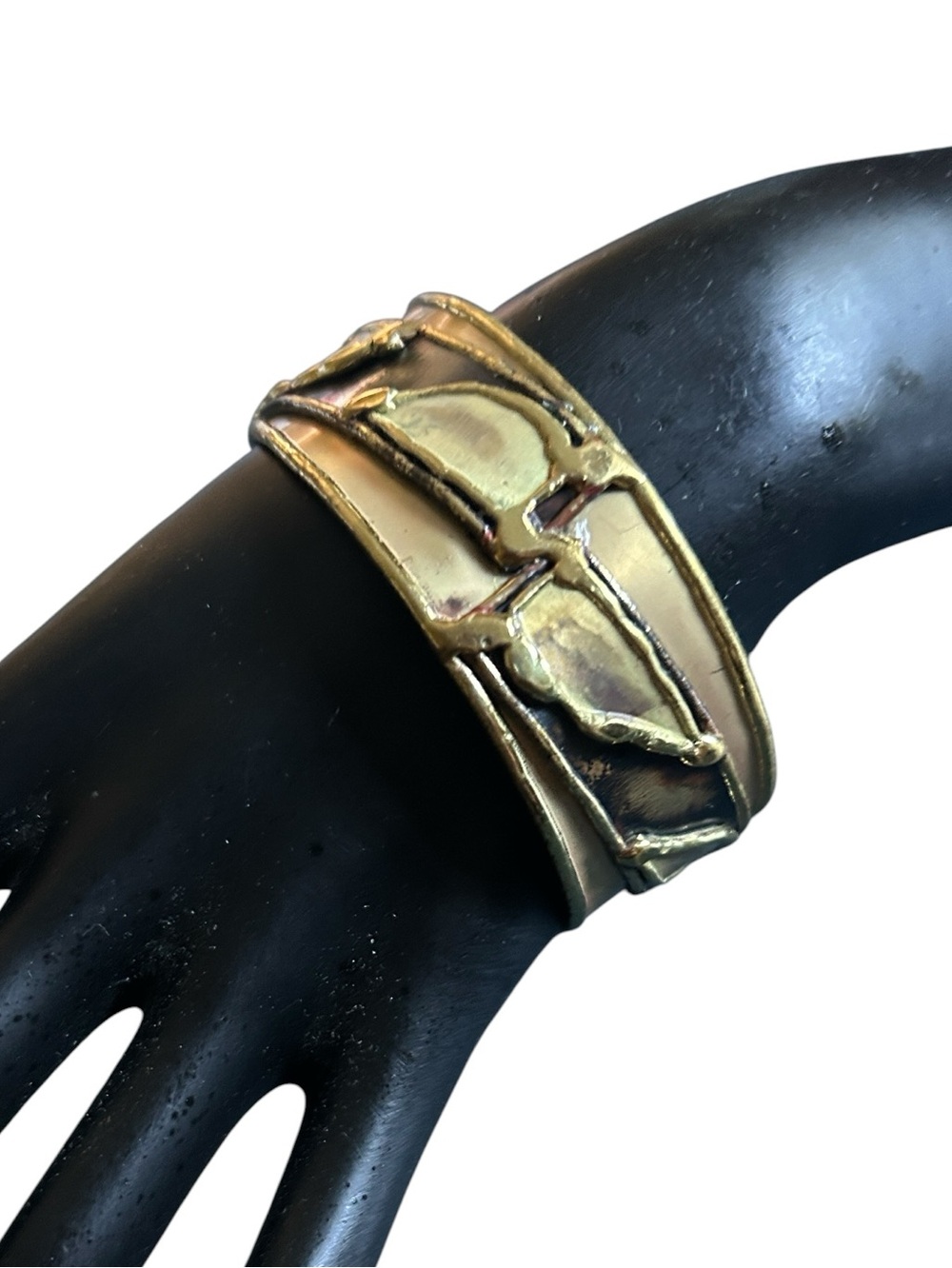Vintage Brutalist Gold Tone Mixed Metal Brass Cuff Bracelet Statement
